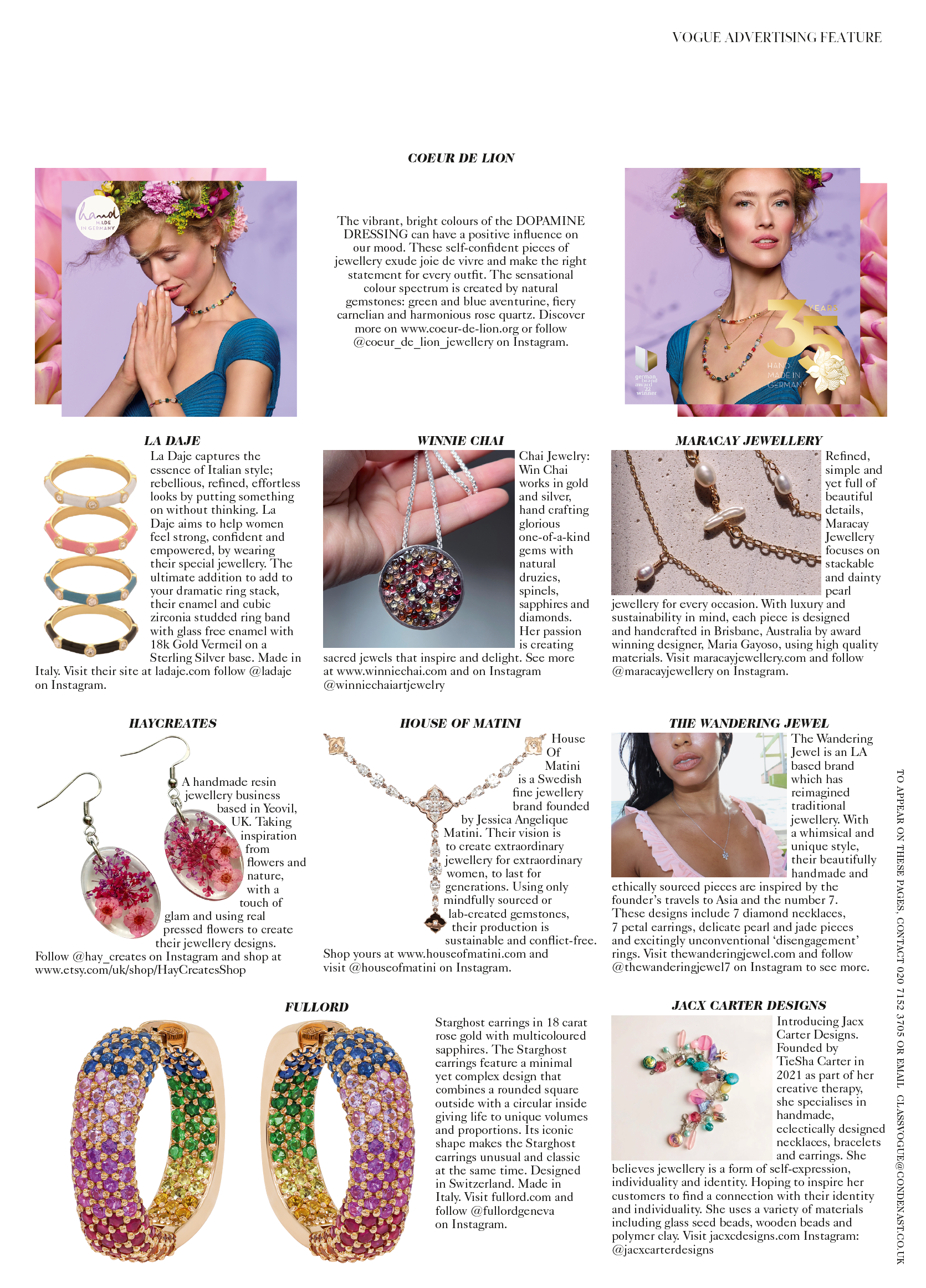 vogue magazine page highlighting the 7 diamond love knot necklace  from The Wandering Jewel 