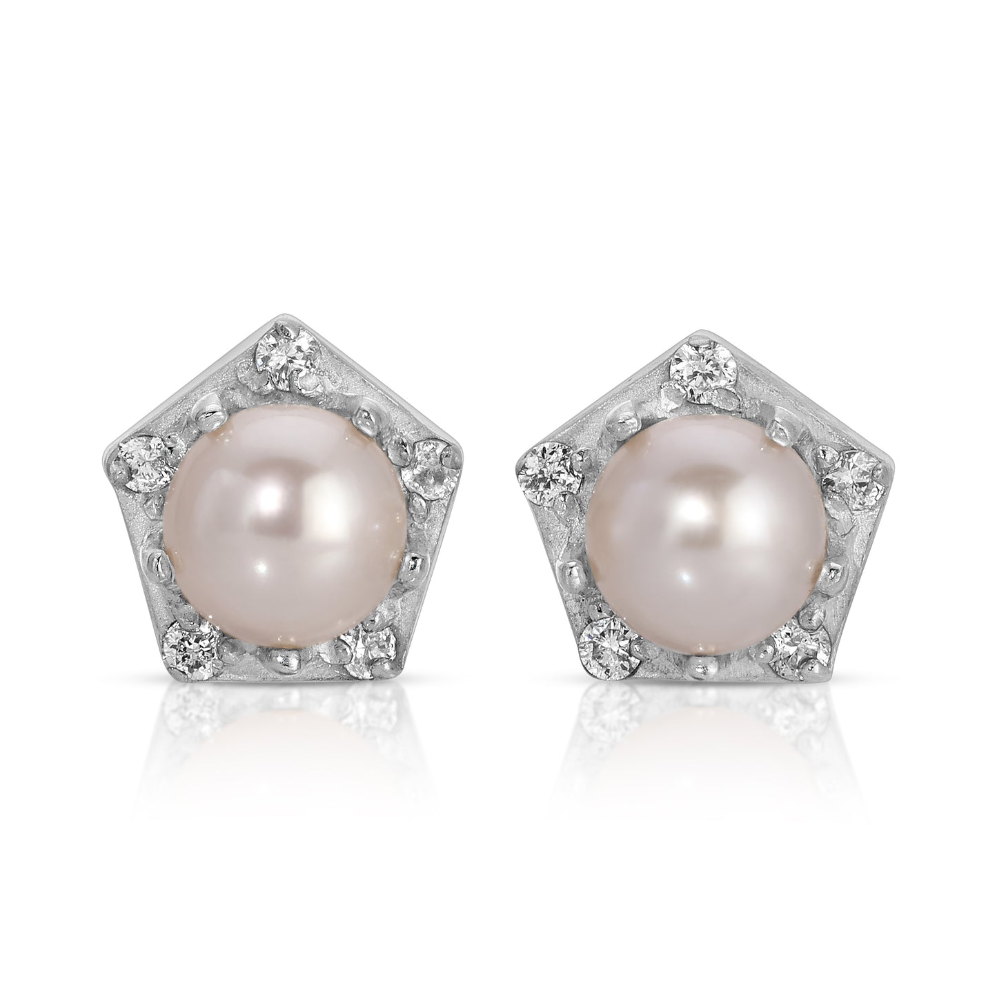diamond and pearl Pentagon Stud earrings in silver from the wandering jewel 