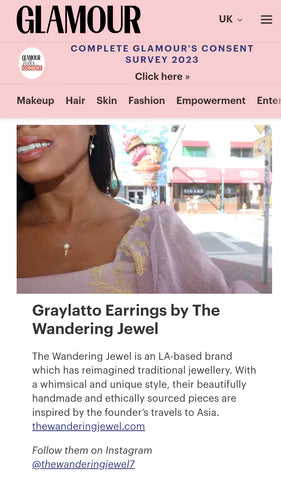 Glamour magazine featuring the ice cream pendant and matching earrings from the wandering jewel