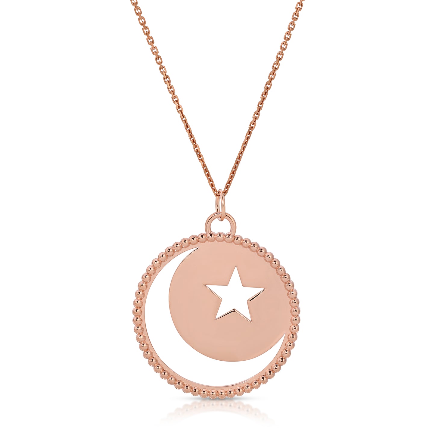 Moon and Star necklace cutout coin in rose gold from the wandering jewel