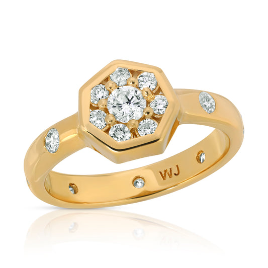 18K Solid Gold 7 diamond white diamond ring with 7 diamond flower in the center of it