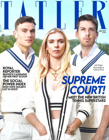 Tatler magazine featuring Tennis stars Katie Boulter, Cameron Norrie, and Jack Draper. in their proper preppy Tennis attire and jewelry from the wandering jewel