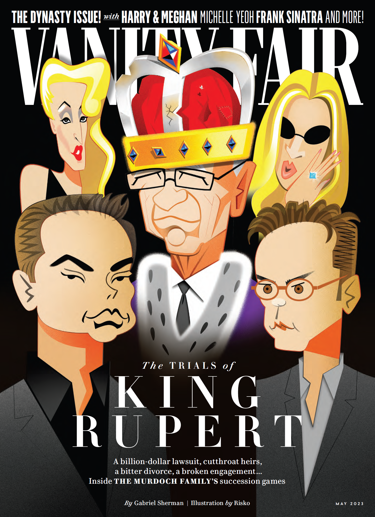 cover of vanity Fair magazine featuring caricatures of the trials of king Rupert and also featuring jewelry from the wandering jewel