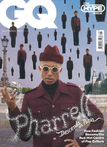 cover of GQ magazine featuring Pharrell Williams and  the gold septagon disengagement ring from the wandering jewel