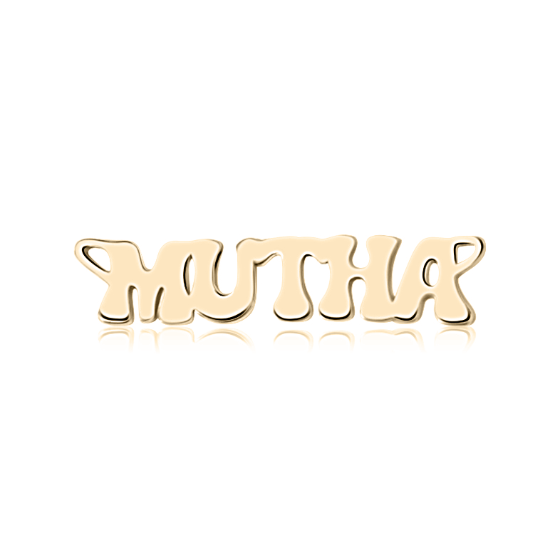gold mutha nameplate pendant  in groovy font from the wandering jewel