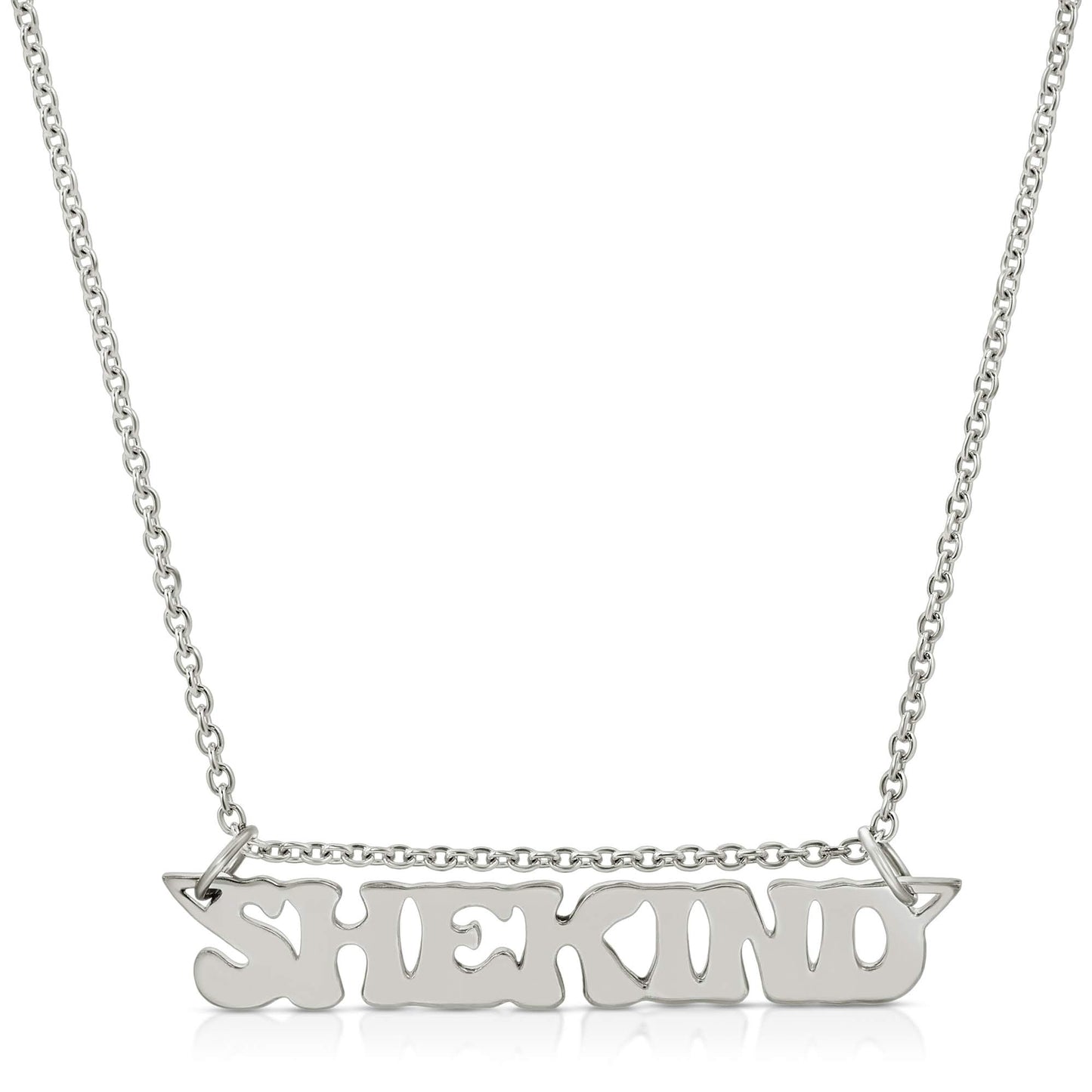 18K solid white gold name plate necklace that says shekind