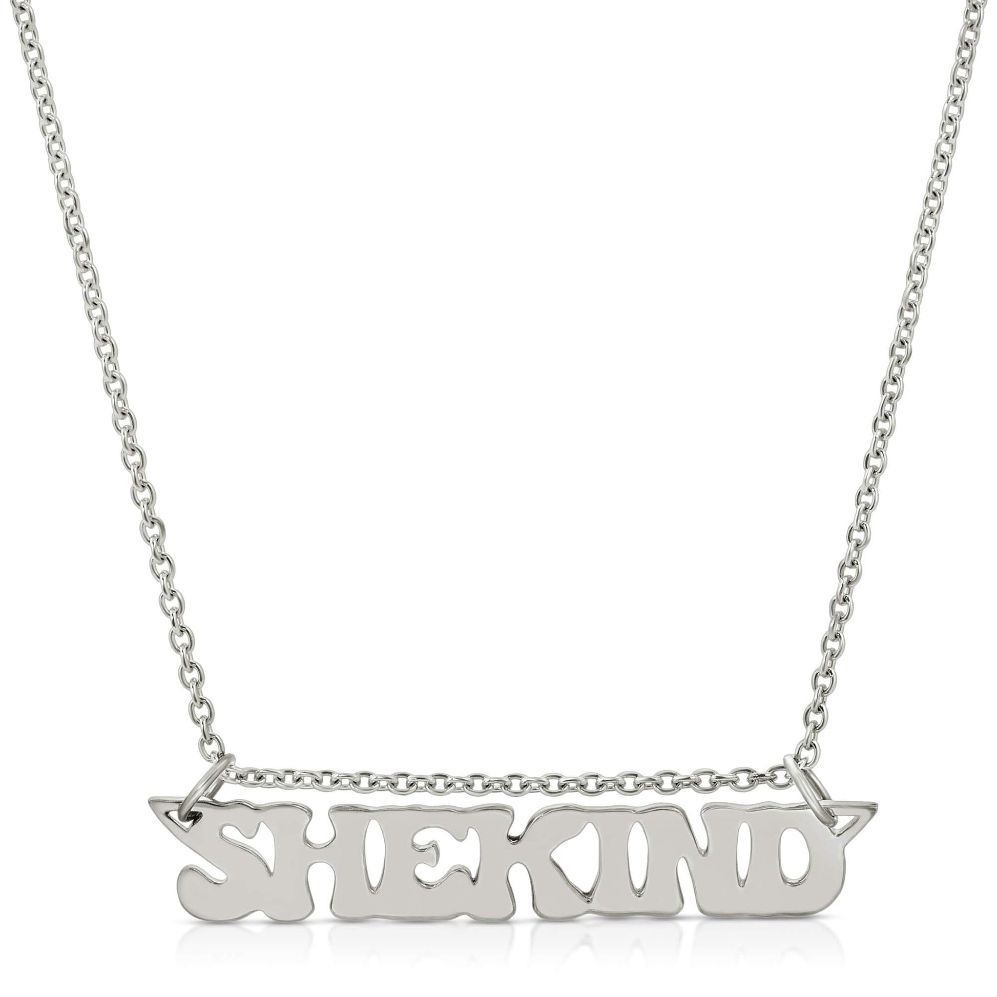 18K solid white gold name plate necklace that says shekind