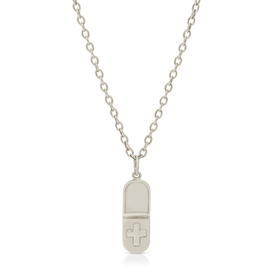 18K solid gold Pill shaped pendant necklace with a cross on the bottom half of the pill