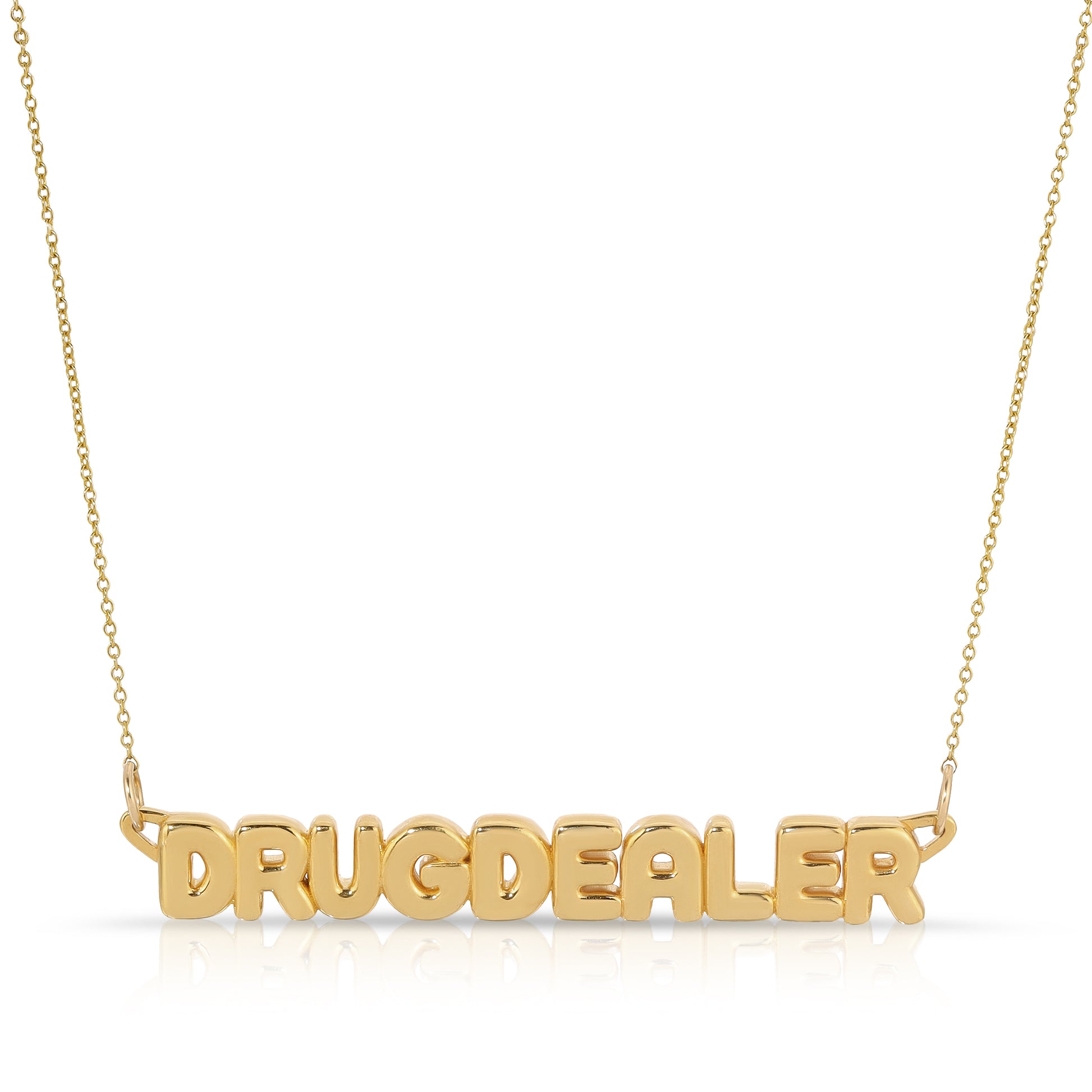 gold Drug dealer bubble letter nameplate necklace from the wandering jewel