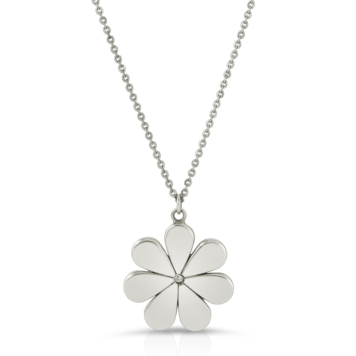 18K  solid gold 7 petal flower pendant necklace with a diamond in the middle from the wandering jewel
