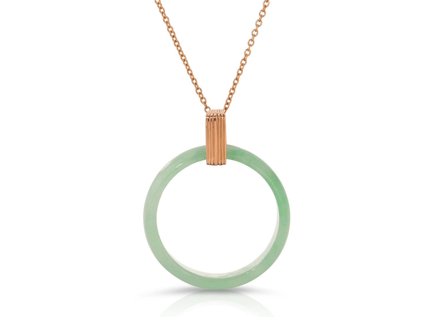 18K Solid Rose Gold green jade ring on rose gold necklace