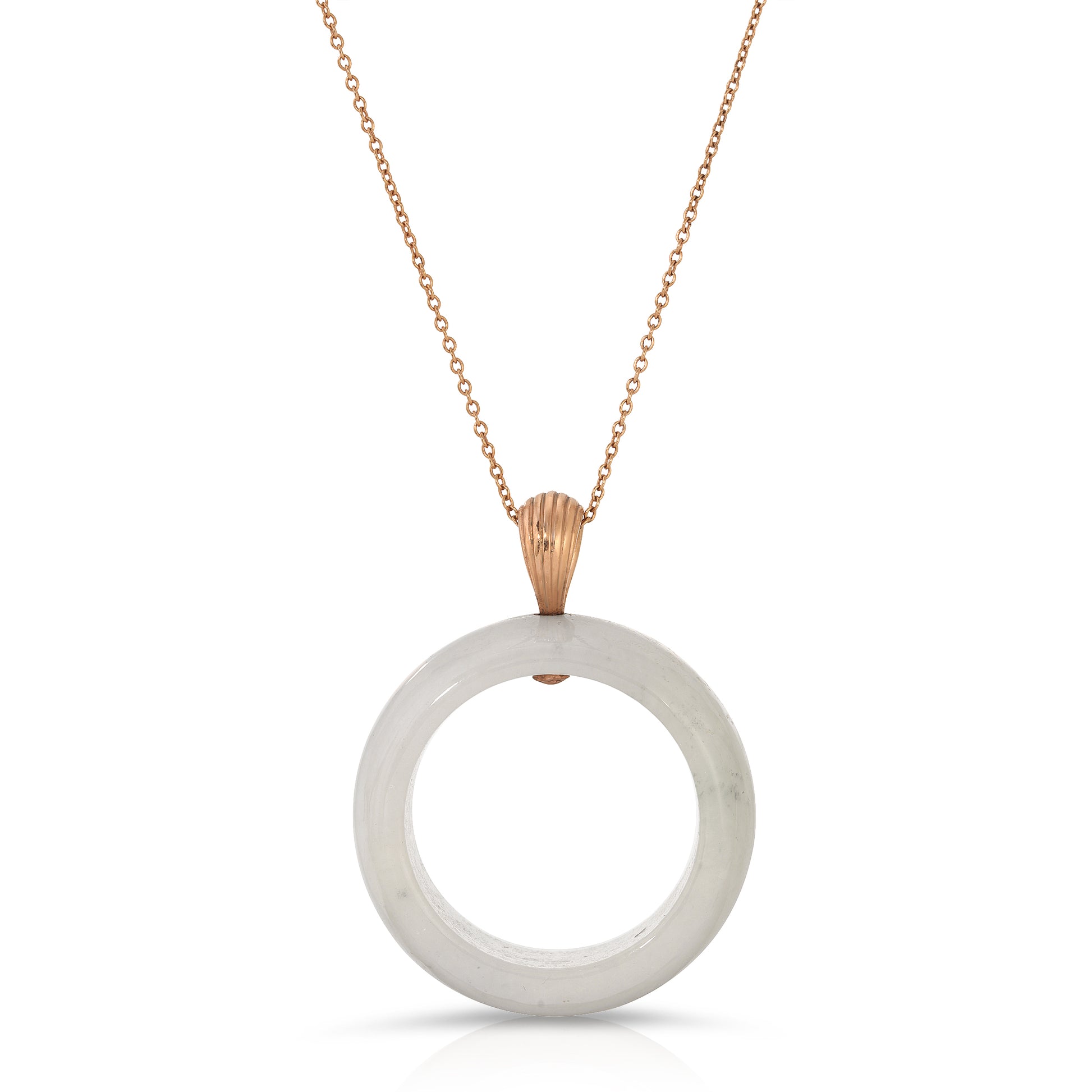 18K Solid Rose Gold white jade ring on rosegold necklace