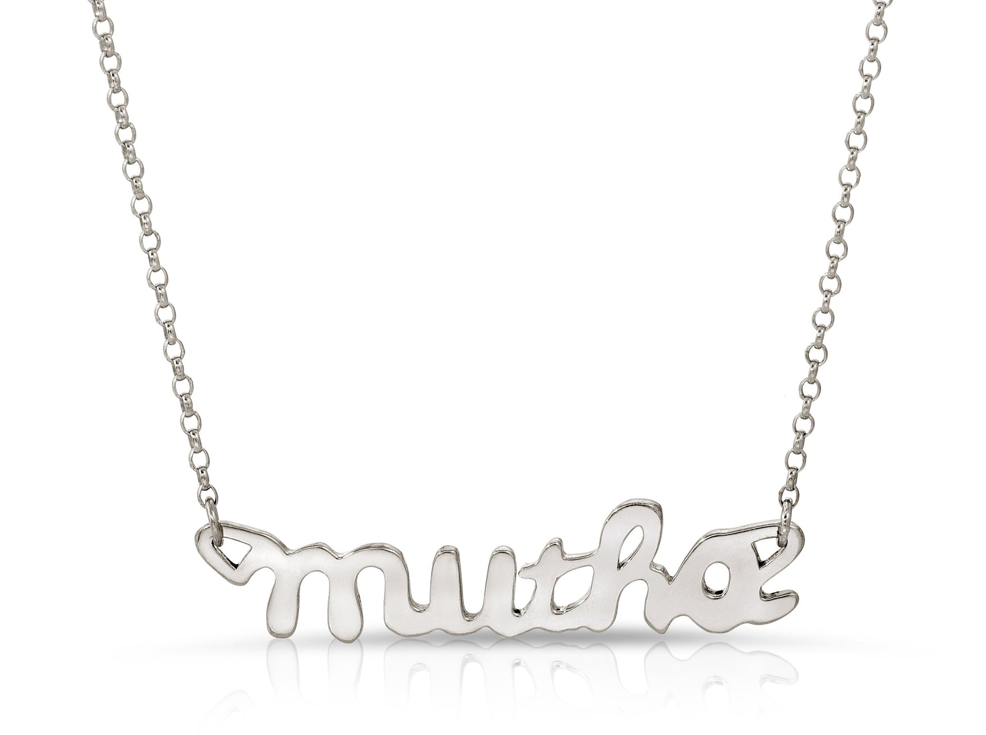 18K solid white gold silver nameplate necklace that says mutha