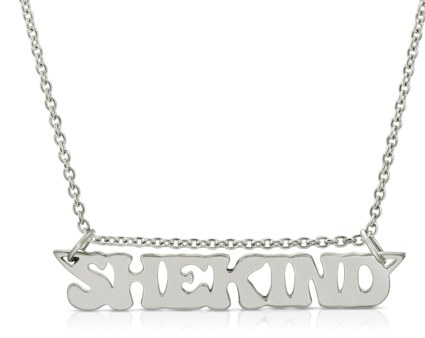 close up picture of 18K solid white gold nameplate necklace that says shekind