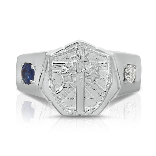 925 Sterling silver ring with a cross and a diamond and sapphire on opposite sides by the wandering jewel