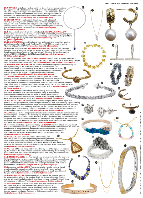 Vanity Fair jewelry article featuring the 7 diamond horizon earrings from the wandering jewel