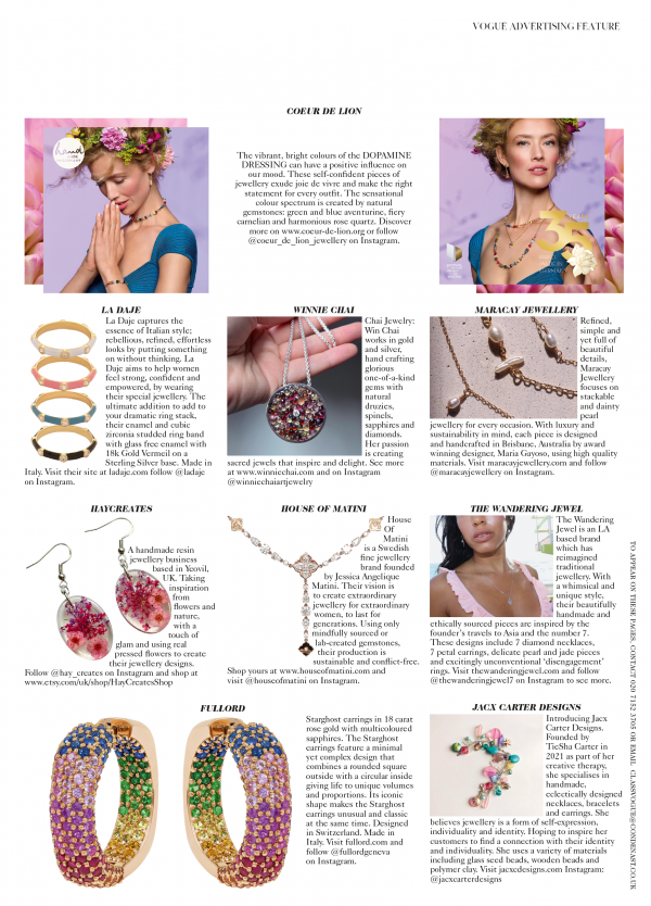 vogue magazine page highlighting the 7 diamond love knot necklace  from The Wandering Jewel