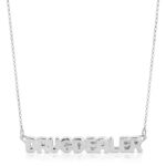 Silver necklace that spells out drug dealer in bubble capital letters