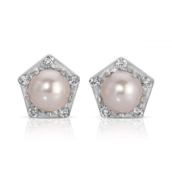 diamond and pearl Pentagon Stud earrings in silver from the wandering jewel