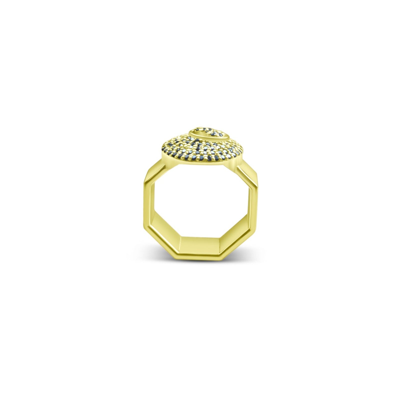 Side view of Gold 8 sided octagon ring with an eight ball inscribed in black diamonds from the wandering jewel