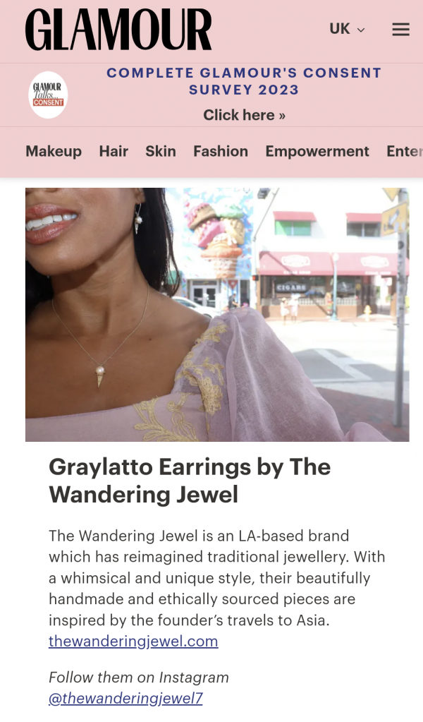 Glamour magazine article of the wandering jewell featuring a black woman with long brown hair wearing the graylatto ice cream necklace and matching earrings from the wandering jewel