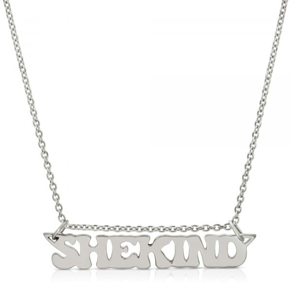 18K solid white gold name plate necklace that says shekind