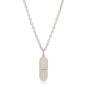 18K solid gold Pill shaped pendant necklace with a cross on the bottom half of the pill from the wandering jewel