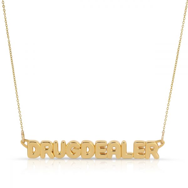 gold Drug dealer bubble letter nameplate necklace from the wandering jewel