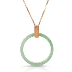 18K Solid Rose Gold green jade ring on rose gold necklace from the wandering jewel