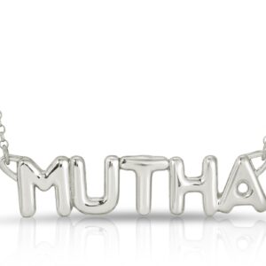 close up pic of 18K solid white gold mother mutha necklace from the wandering jewel