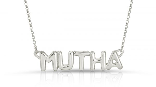 close up pic of 18K solid white gold mother mutha necklace from the wandering jewel