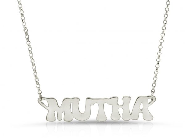 white gold groovy font mutha necklace from the wandering jewel