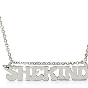 close up picture of 18K solid white gold nameplate necklace that says shekind