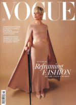 cover of vogue featuring actress Selma Blair in a nude gown with a black cane and also featuring jewelry from the wandering jewel