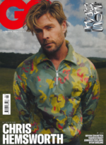 GQ magazine cover featuring Chris Hemsworth in a colorful jacket