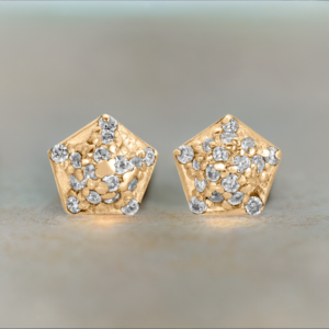 Gold Pentagon shaped diamond stud earrings from the wandering jewel