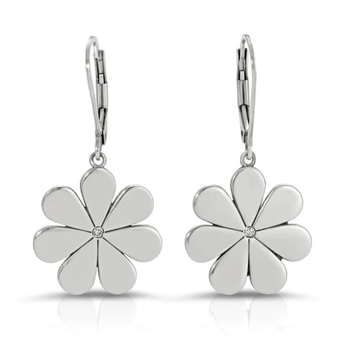 silver 7 petal flower earrings with a diamond in the middle from the wandering jewel