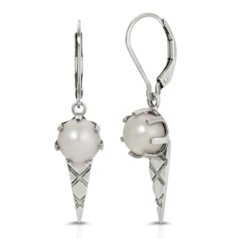 silver ice cream bail earrings with white pearls from the wandering jewel