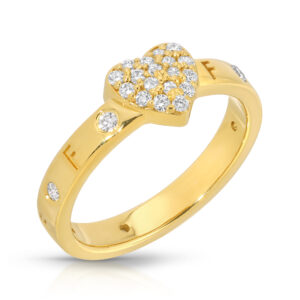 gold diamond ring that says fuck off on the band, the middle of the top of the ring has a heart full of diamonds, the ring is part of the Disengagement Ring collection from the wandering jewel