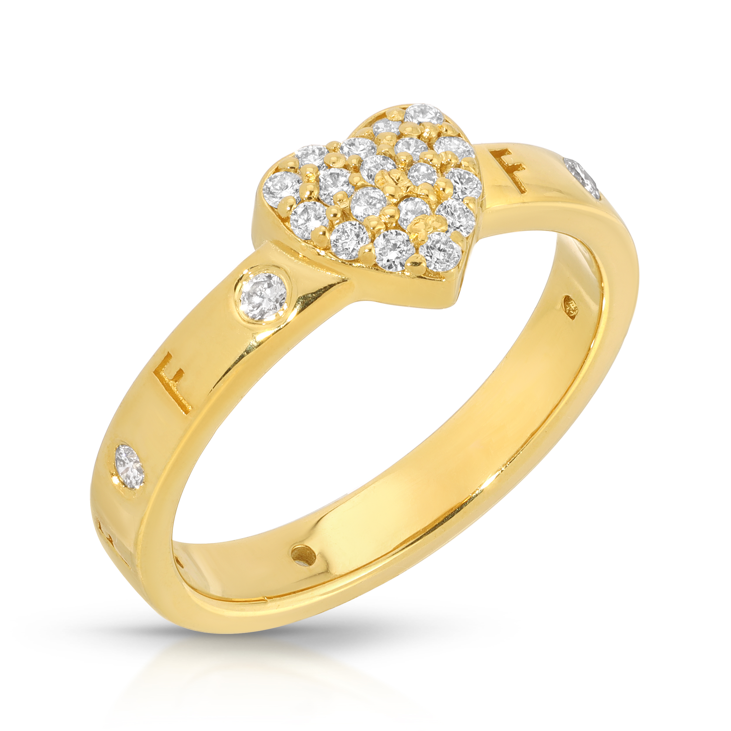 gold diamond ring that says fuck off on the band, the middle of the top of the ring has a heart full of diamonds, the ring is part of the Disengagement Ring collection from the wandering jewel