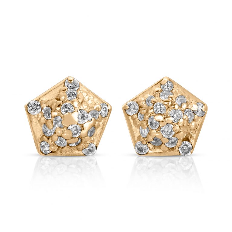 gold diamond Pentagon shaped earrings studs from the wandering jewel