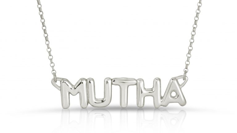 silver bubble letter necklace that says mutha from the wandering jewel