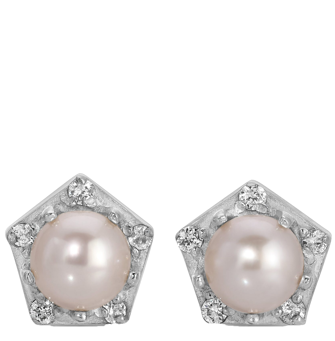 silver, pearl and diamond Pentagon shaped stud earrings from the wandering jewe