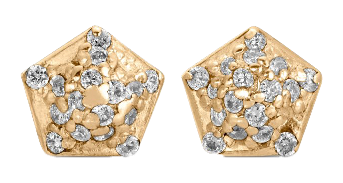 gold and diamond Pentagon shaped stud earrings from the wandering jewel