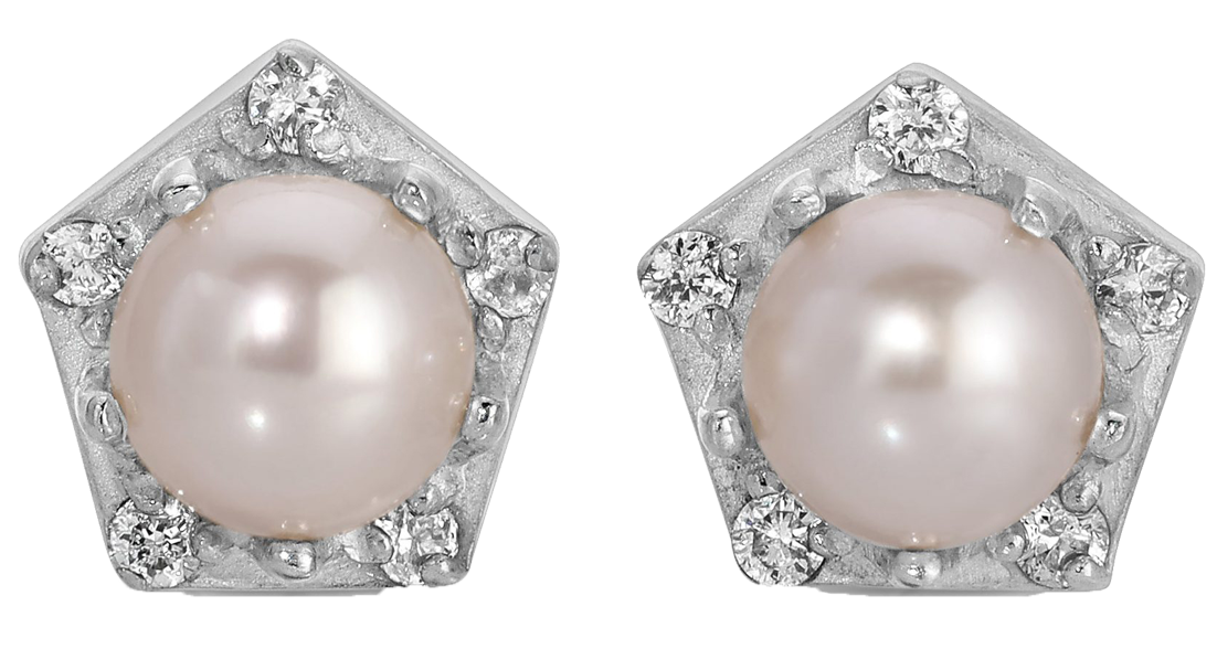 silver diamond and pearl earrings studs shaped like a Pentagon from the wandering jewel