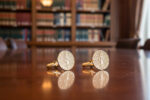 gold lady Justice cufflinks from the wandering jewel sitting on a desk in a law library