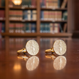 gold lady Justice cufflinks from the wandering jewel sitting on a desk in a law library