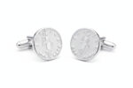 Silver Lady Justice cufflinks from the wandering jewel set against a white background