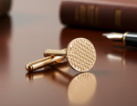 Gold Dollar Sign cufflinks on a mahogany desk from the wandering jewel