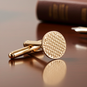 Gold Dollar Sign cufflinks on a mahogany desk from the wandering jewel